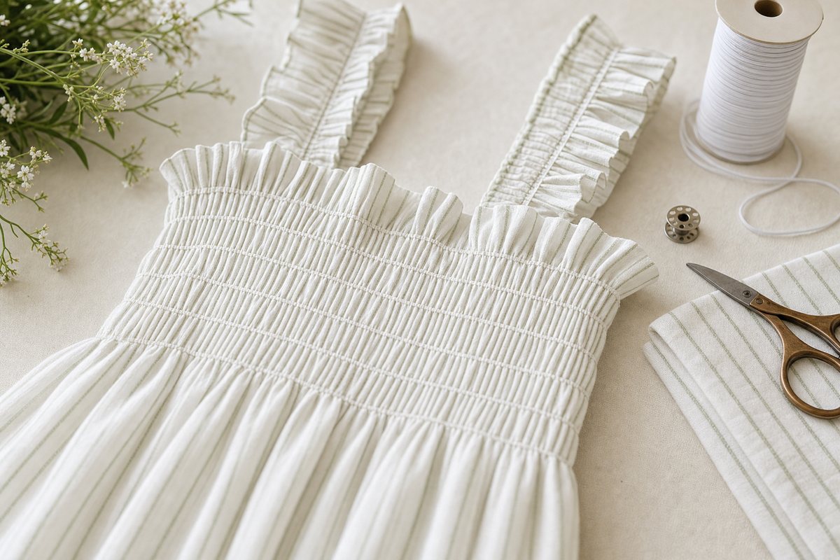 Close view of a white pinstripe sundress with a shirred elastic bodice and ruffle straps beside a spool of elastic thread, a bobbin and shears