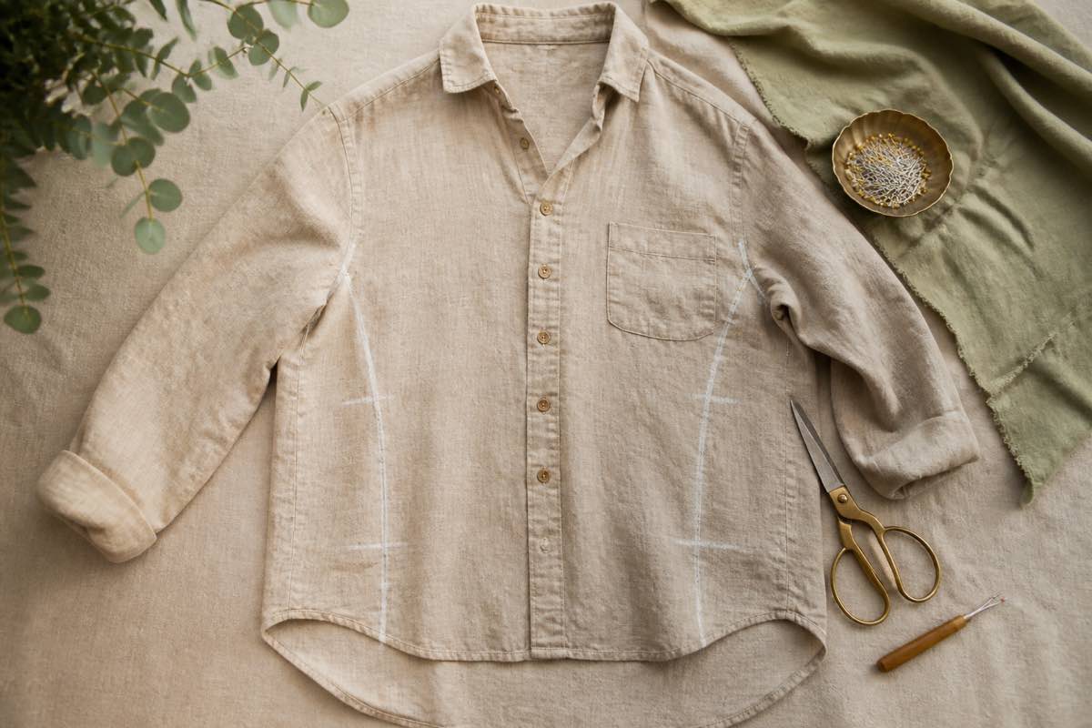 A thrifted oversized button-up shirt laid flat with chalk lines and pins marking where it will be taken in, beside scissors and a seam ripper