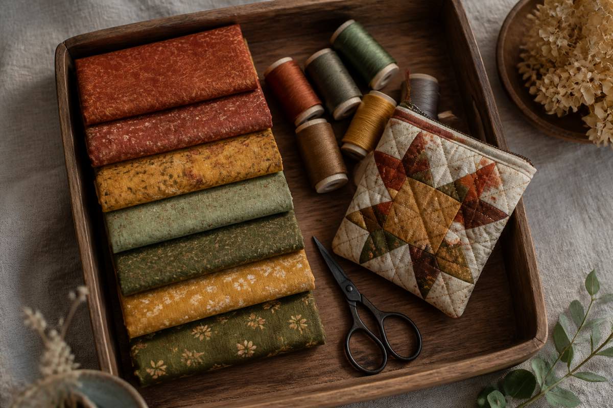 Wooden tray with neatly folded autumn-colored fabric scraps beside thread spools, scissors, and a patchwork pouch