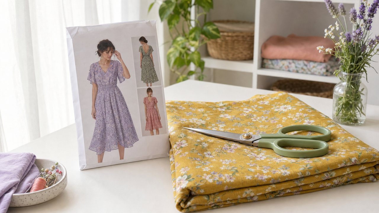 A pattern envelope propped beside a folded length of mustard floral rayon on a white cutting table, shears resting on top