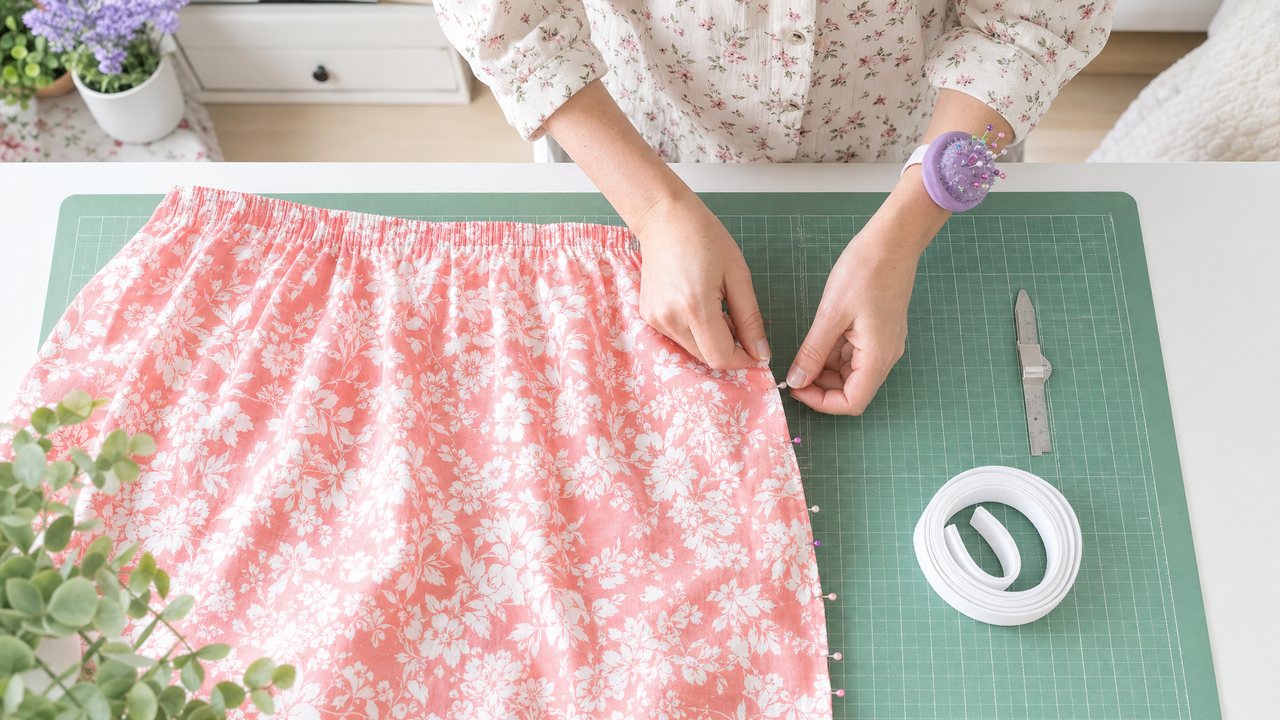 Hands pinning a coral and white floral cotton skirt panel along a seam on a cutting mat beside a seam gauge and pincushion