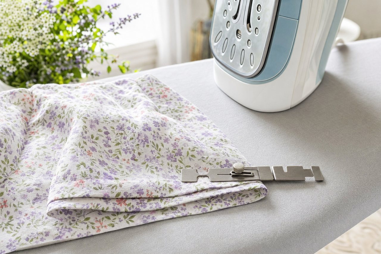 A cotton skirt hem folded and pressed on an ironing board, a metal seam gauge resting on the fold beside a steam iron