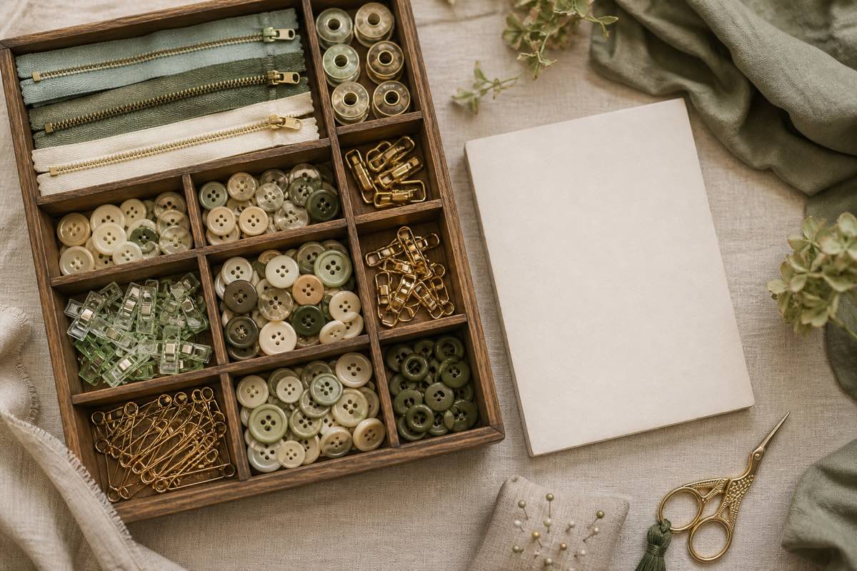Sewing notions inventory checklist with organized drawer of supplies