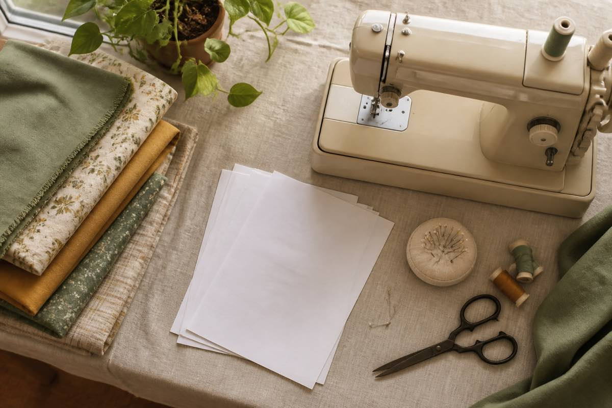 A secondhand sewing machine on a small table beside thrifted fabric, free printed PDF patterns, and a few basic notions