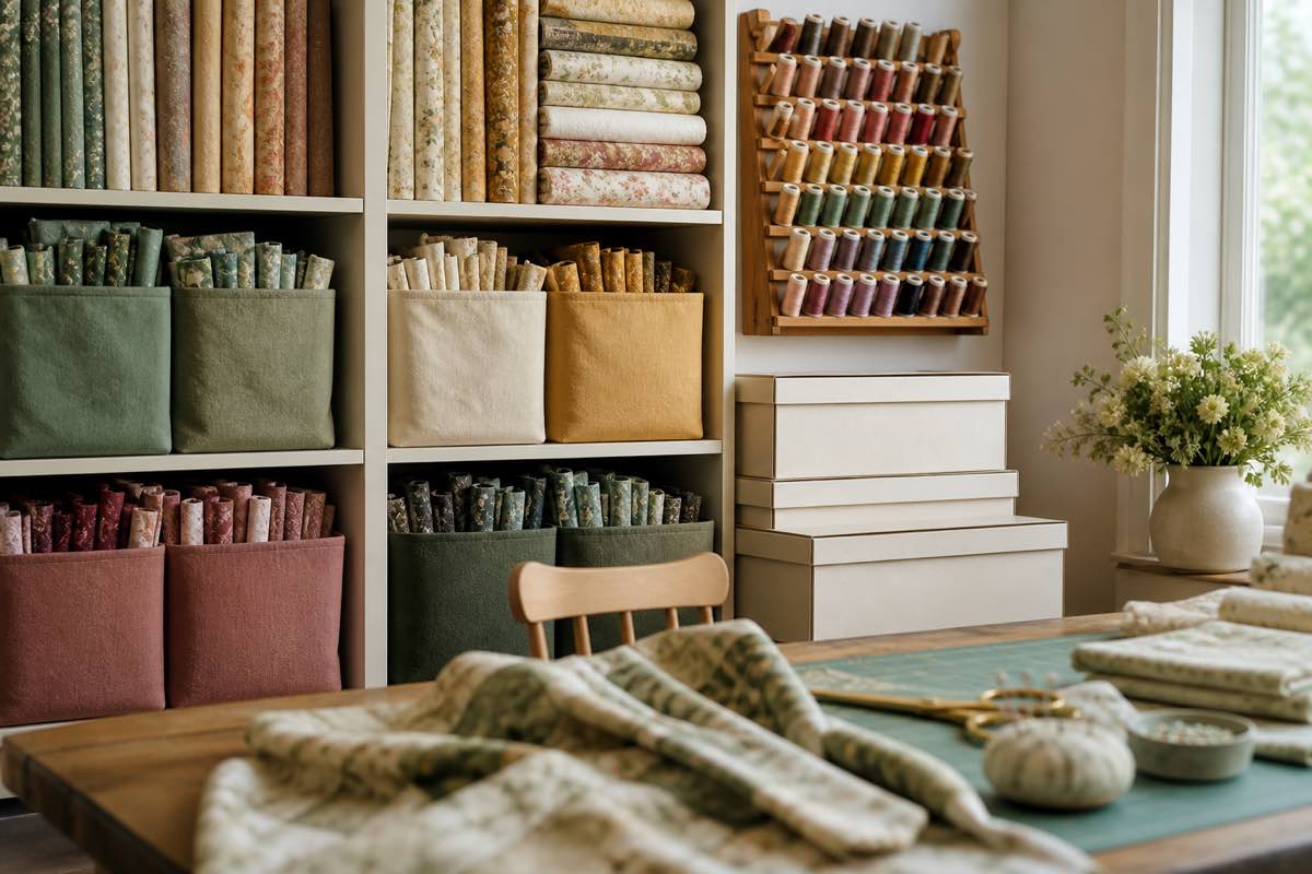 Sewing room storage with fabric bins, thread rack, and pattern boxes