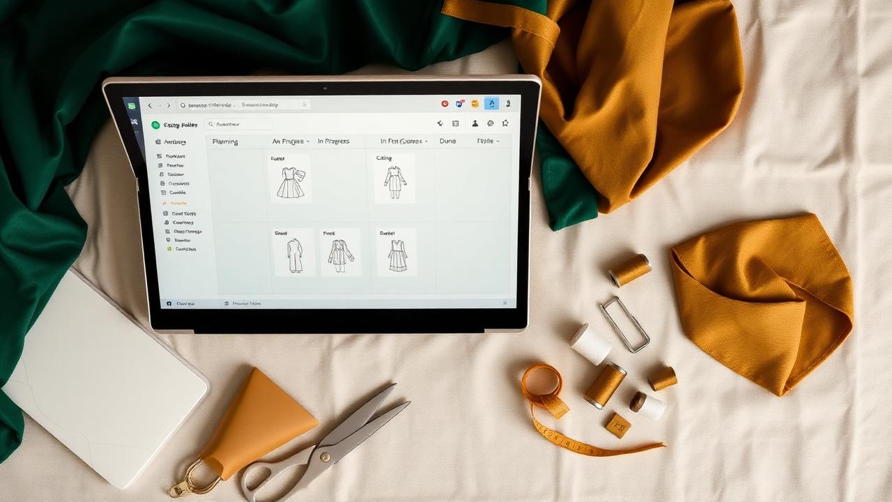 Sewing table with laptop showing a Kanban board for sewing projects beside fabric, thread, and scissors
