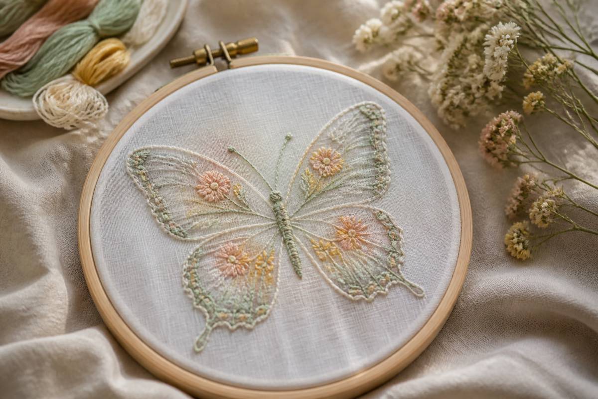 Shadow work embroidered butterfly on white Swiss batiste with pastel floss visible through the fabric