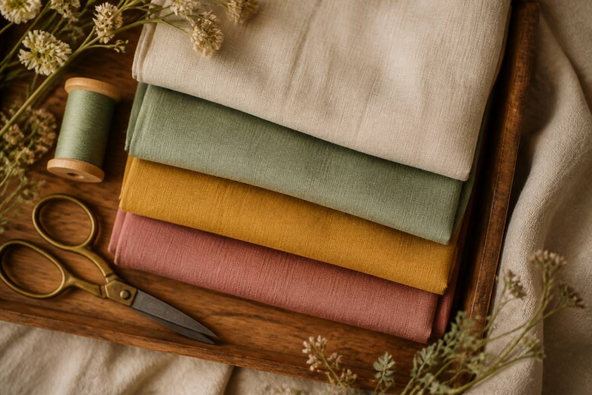 Stack of folded fabric in cream, sage green, mustard, and dusty rose on a wooden shelf with a spool of thread and a pair of fabric scissors