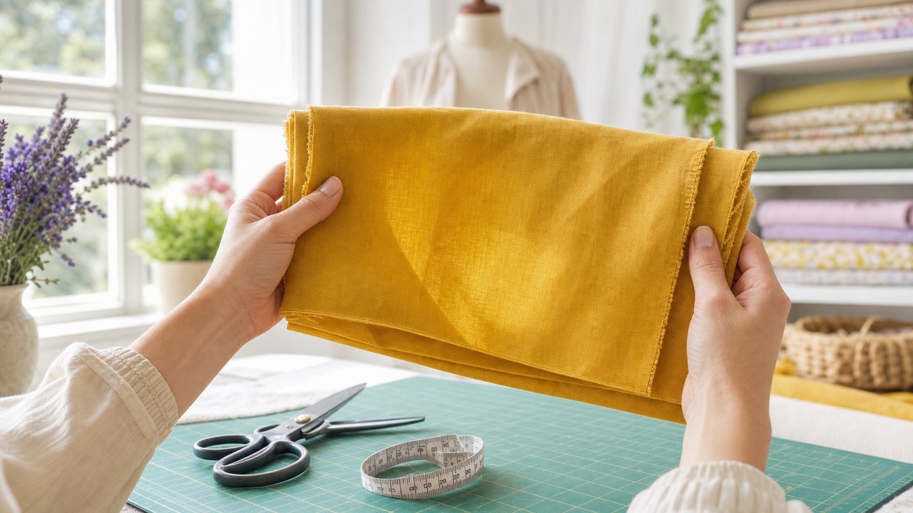 Hands holding mustard cotton lawn up to the light in a bright sewing room, with a cutting mat and shears below