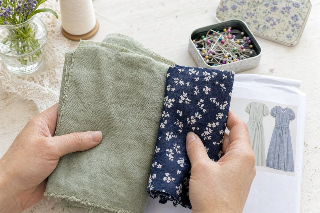 Two fabric swatches, a sage linen and a printed rayon, held side by side above a pattern envelope on a worktable