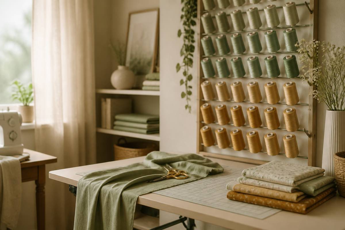 Small sewing room with vertical thread storage and folding cutting table