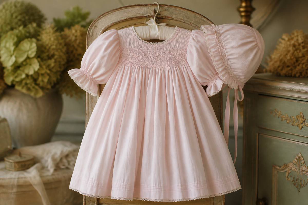 Finished smocked bishop dress in pale pink batiste on a padded hanger with matching bonnet
