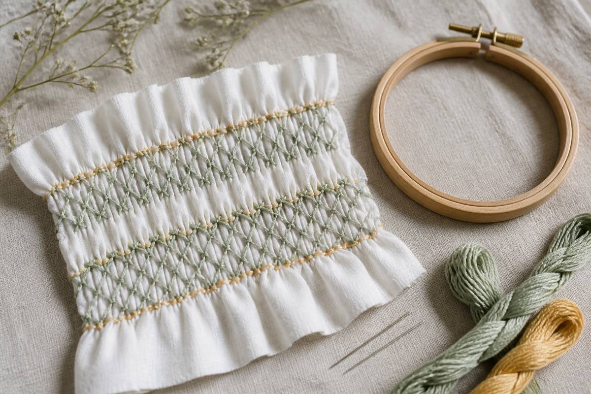 Beginner smocking sample in pastel floss on white cotton beside embroidery hoop and needles