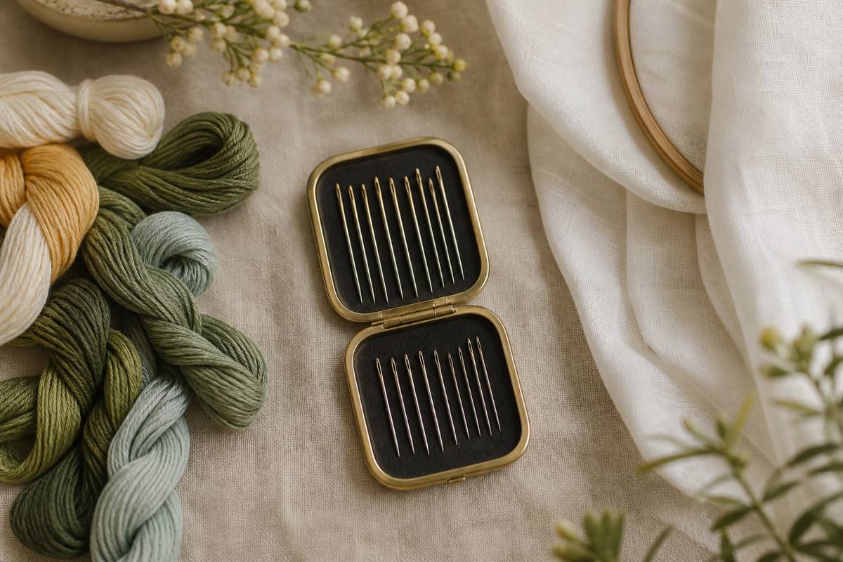 Assortment of crewel and milliner's needles on a magnetic case beside floss and fabric