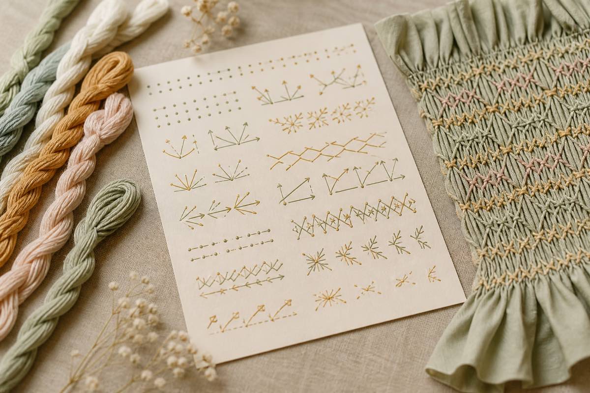 Smocking plate symbols cheat sheet with dots arrows and stitch notation