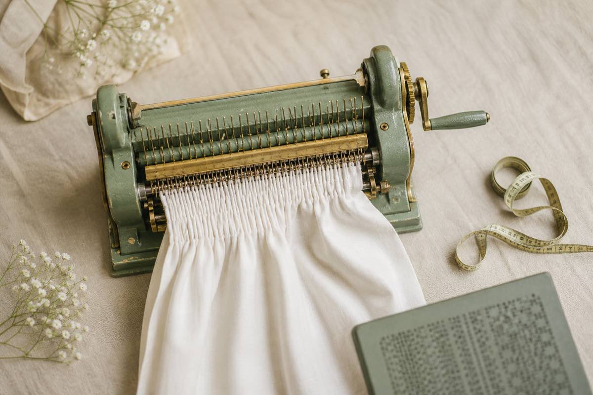 Smocking pleater machine with white cotton, measuring tape, calculator, and smocking plate on a cream background