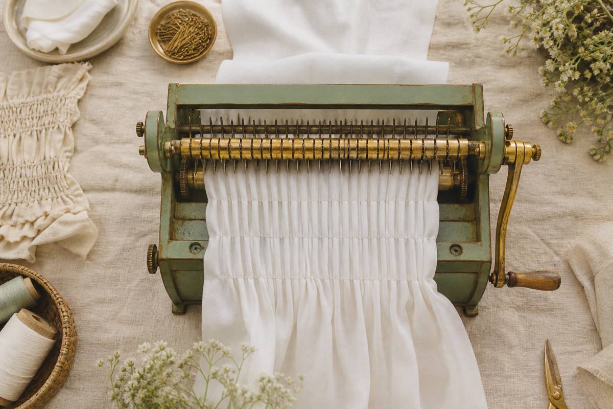 Read smocking pleater with fabric being fed through evenly spaced needle rows