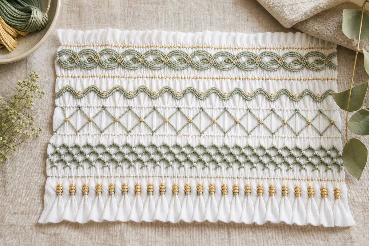 Sampler of smocking stitches including cable, wave, trellis, honeycomb, and bullion on white fabric