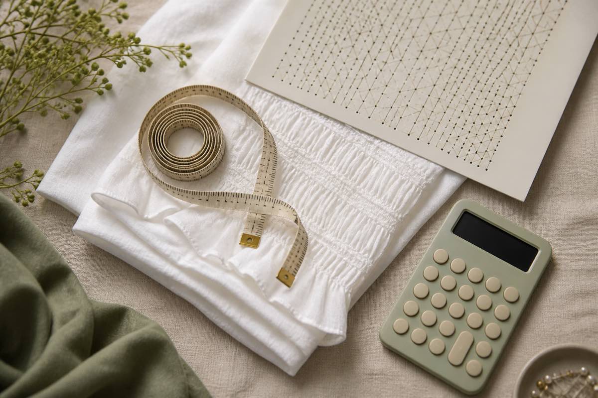 Measuring tape and calculator on folded batiste with a smocking plate for a bishop dress