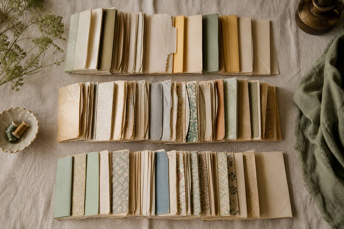 Sewing pattern envelopes sorted into rows by brand and decade