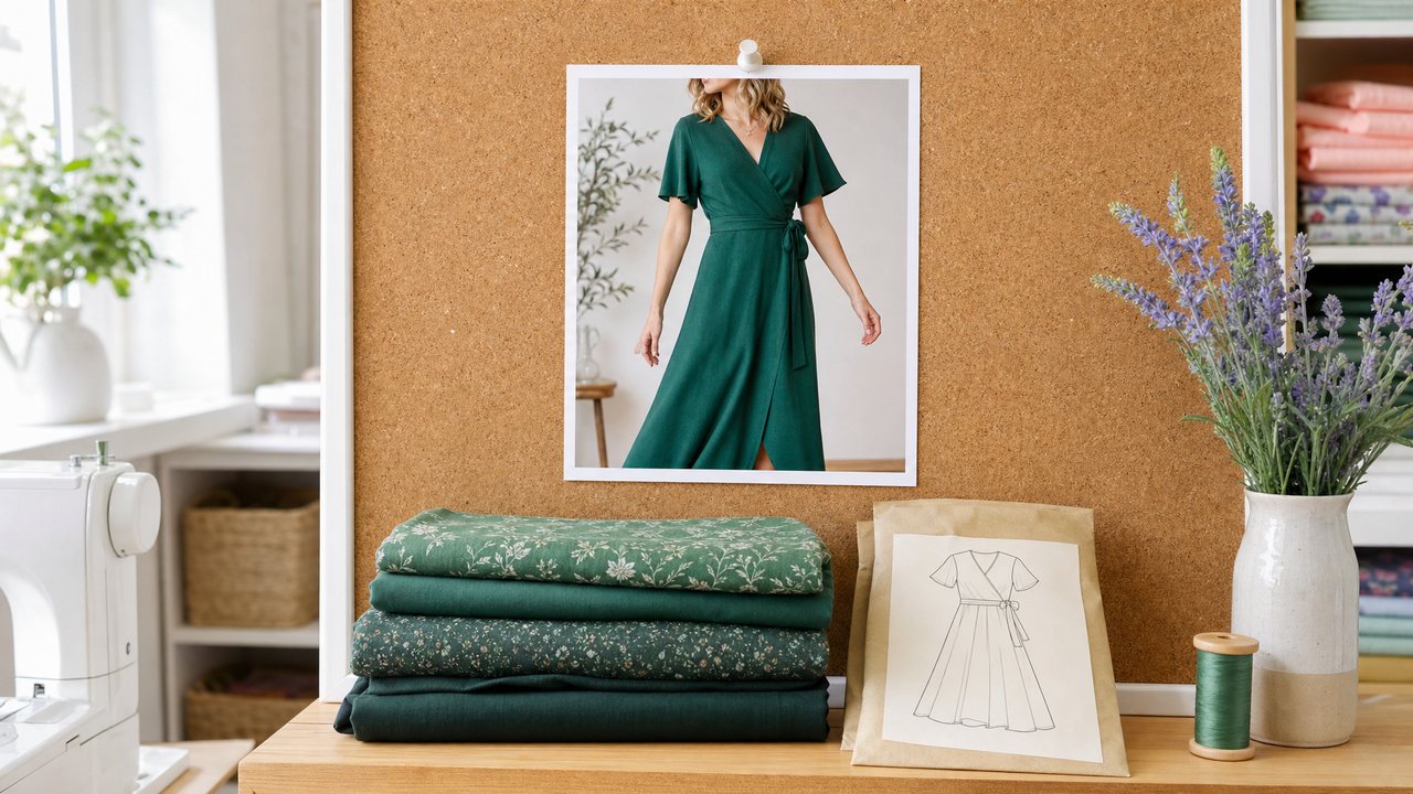 A printed inspiration photo of a green wrap dress pinned beside a folded stack of green rayon challis and a pattern envelope