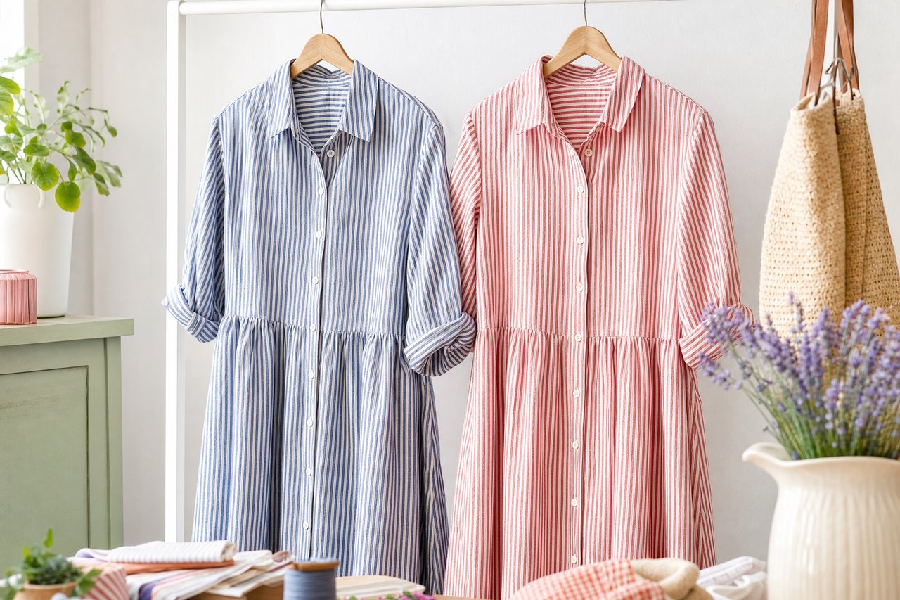 Two garments side by side on hangers: a striped shirt dress and a near twin sewn in a different striped cotton