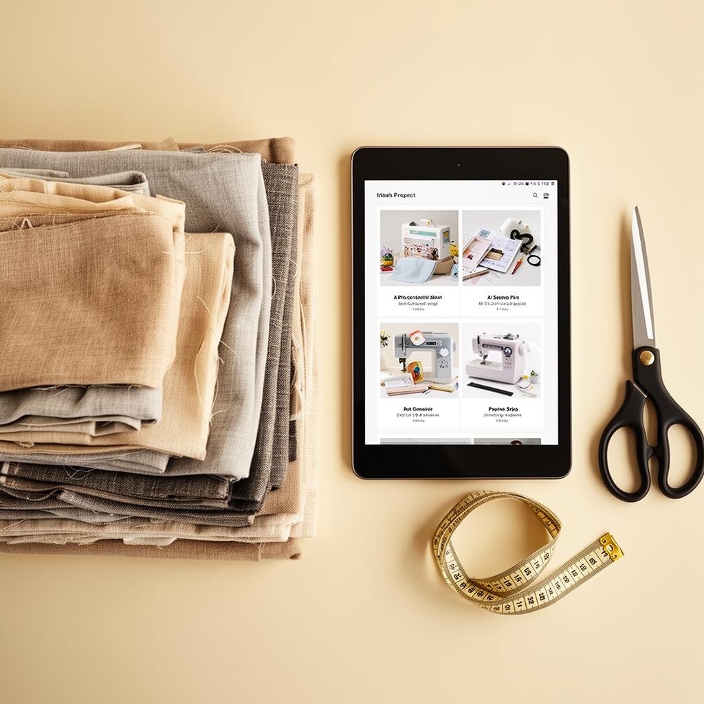 Folded fabric stash next to a tablet showing AI-generated sewing project suggestions