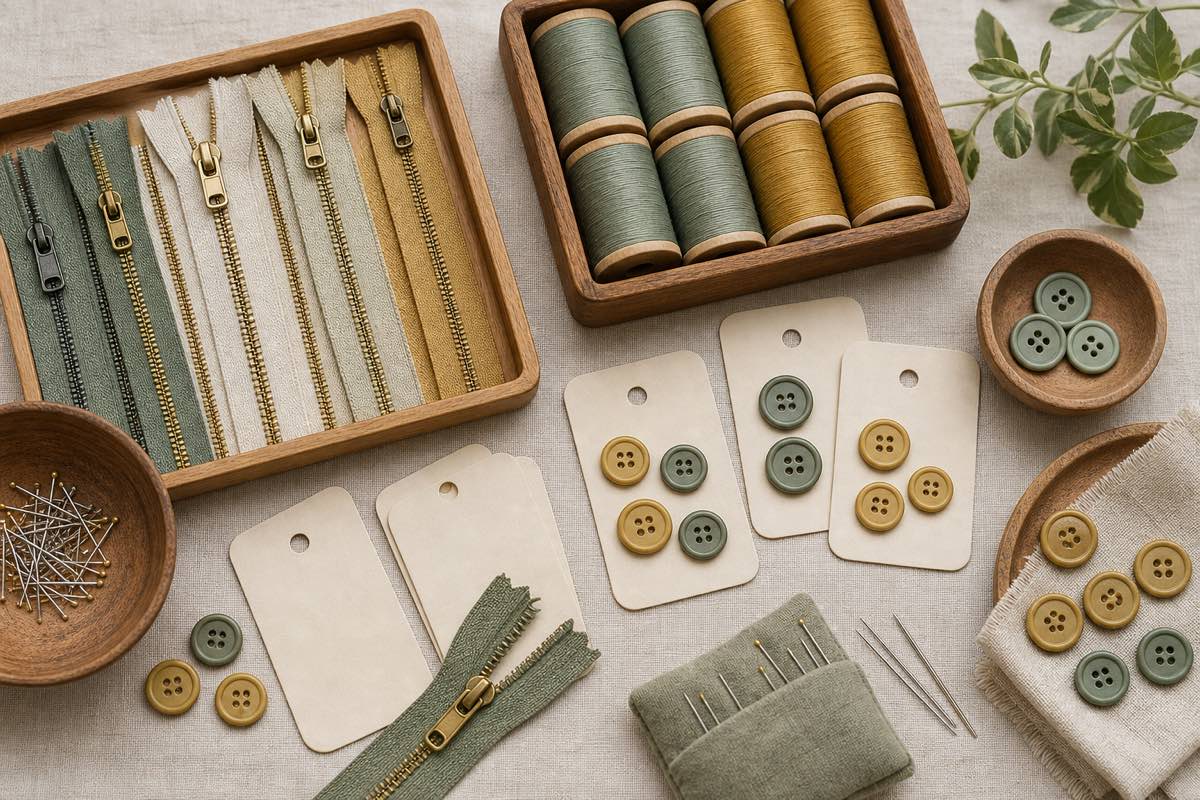 Overhead flat lay of organized sewing notions: zippers in wooden trays, thread spools, button cards, and machine needles on a cream linen surface