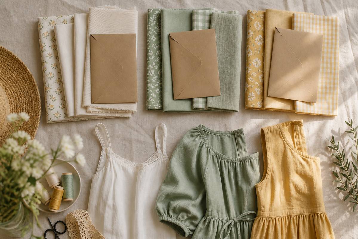 Summer sewing plan built from a digital fabric stash showing lightweight cottons and linens matched to warm-weather patterns