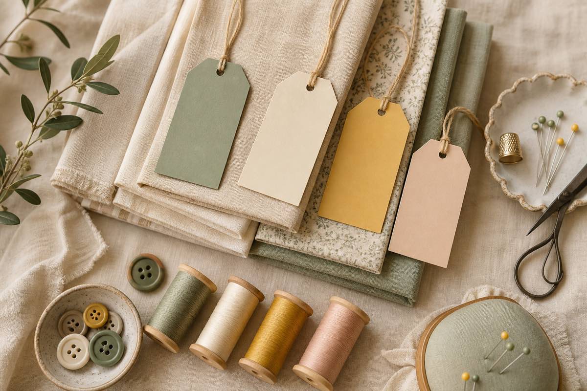 Colour-coded tags attached to fabric, thread spools and sewing notions