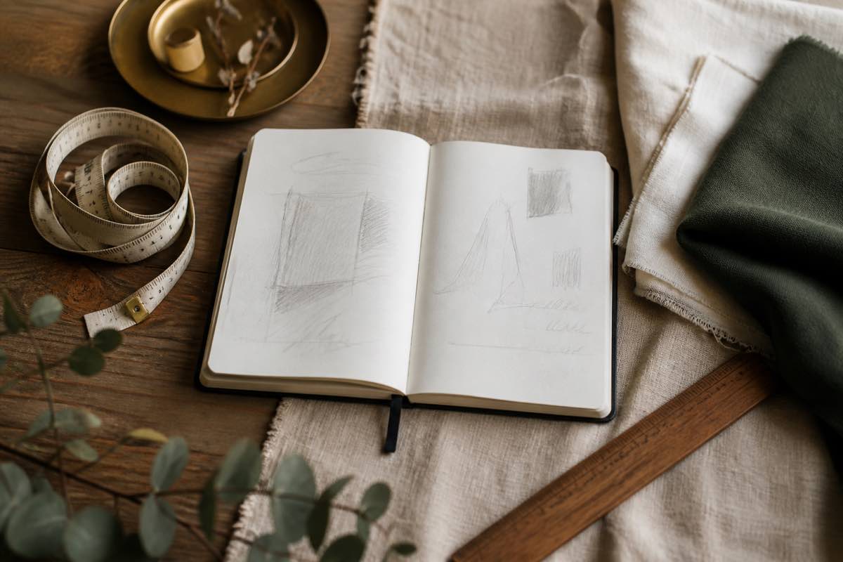 Open notebook with handwritten body measurements, a soft cloth measuring tape coiled beside it, a wooden ruler, and folded cream and forest green fabric swatches on a wooden table