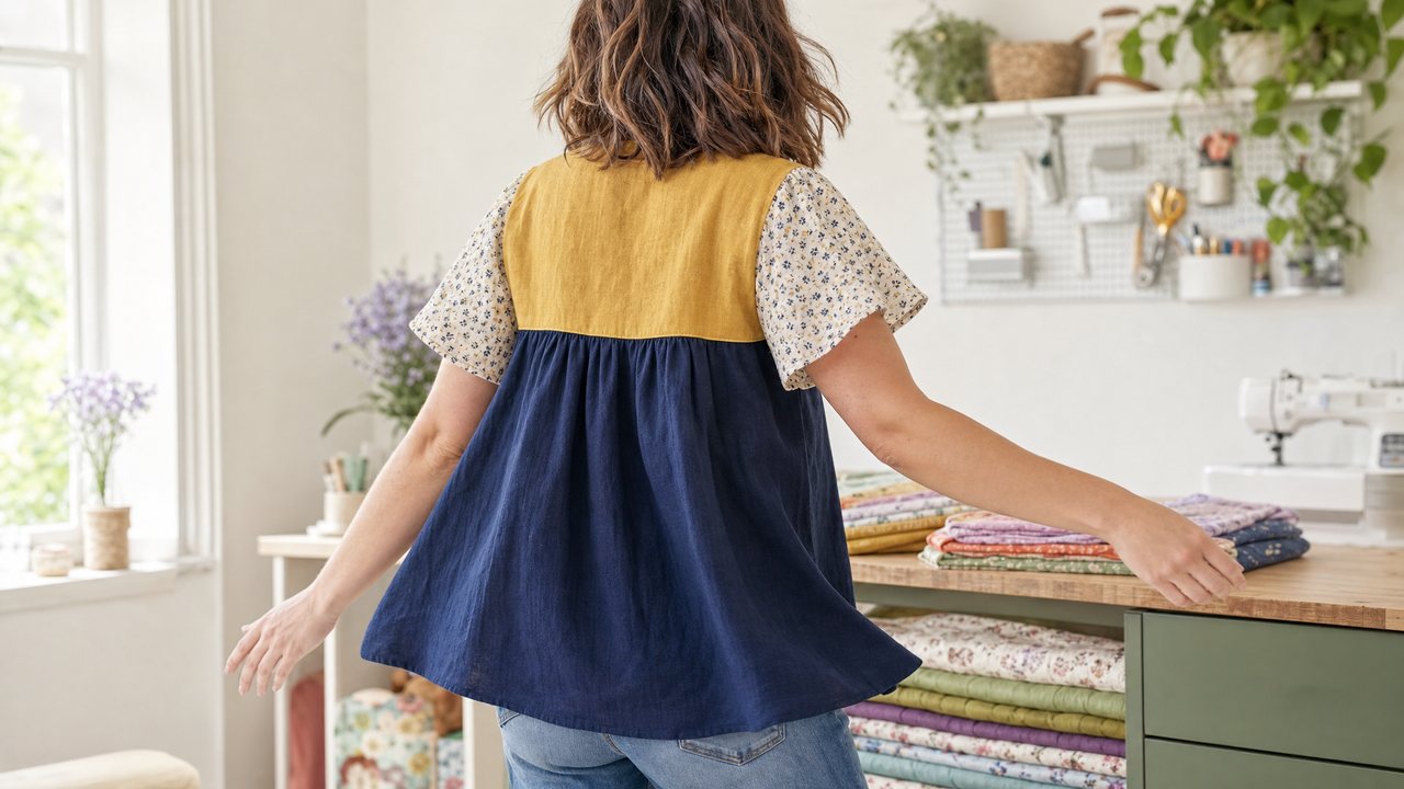 Hands holding a color-blocked blouse made of mustard linen, navy cotton and a small floral against a sunny sewing room window