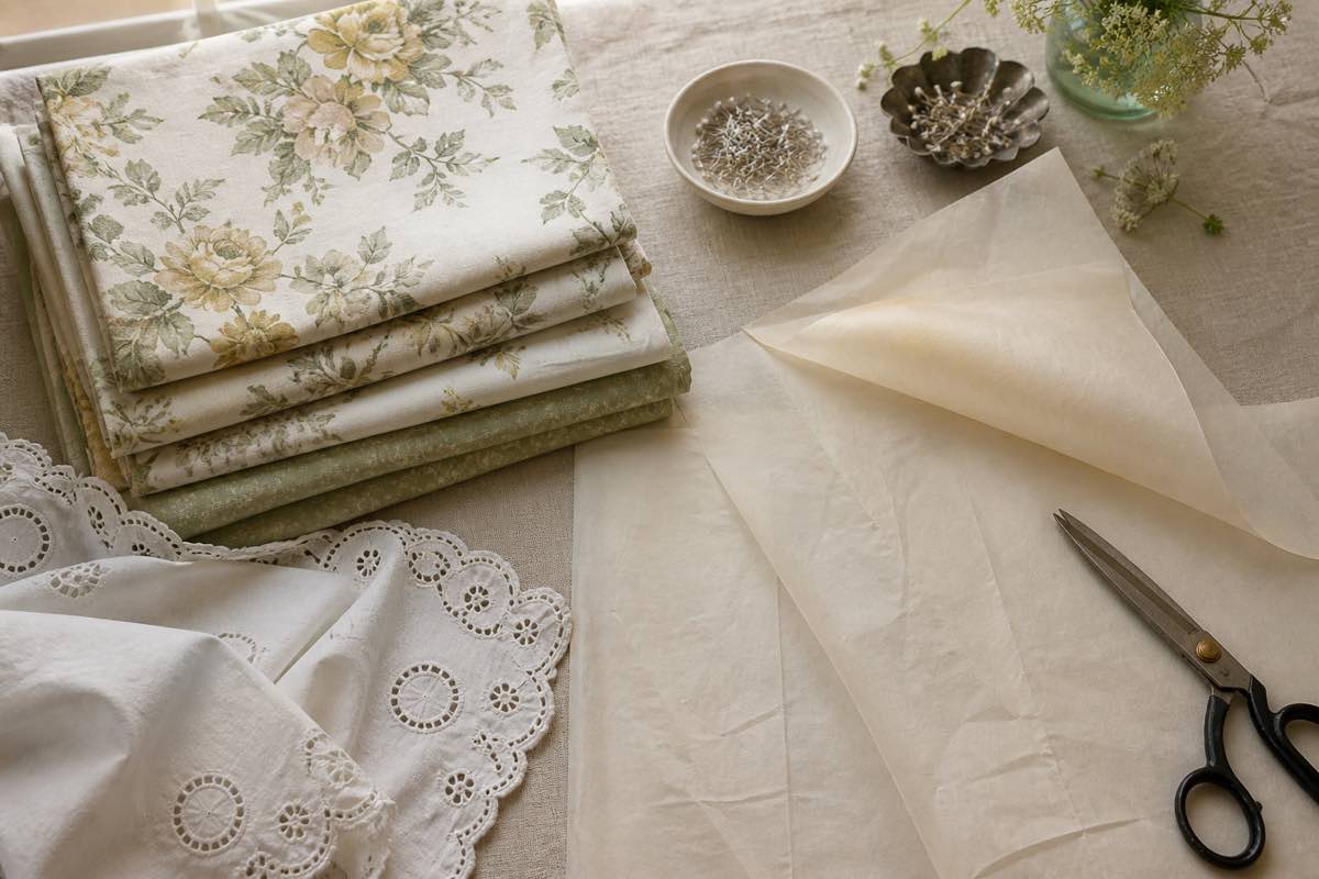 A folded stack of thrifted floral bed sheets and a vintage linen tablecloth on a cutting table beside a pattern, scissors, and pins