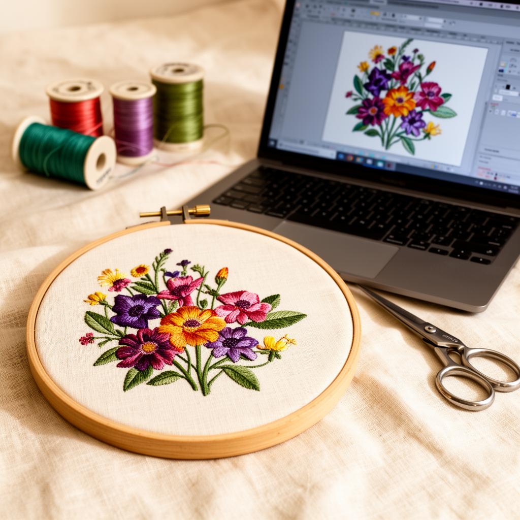 Machine-embroidered summer gifts including a monogrammed tote bag and towels with embroidery design files organized on screen