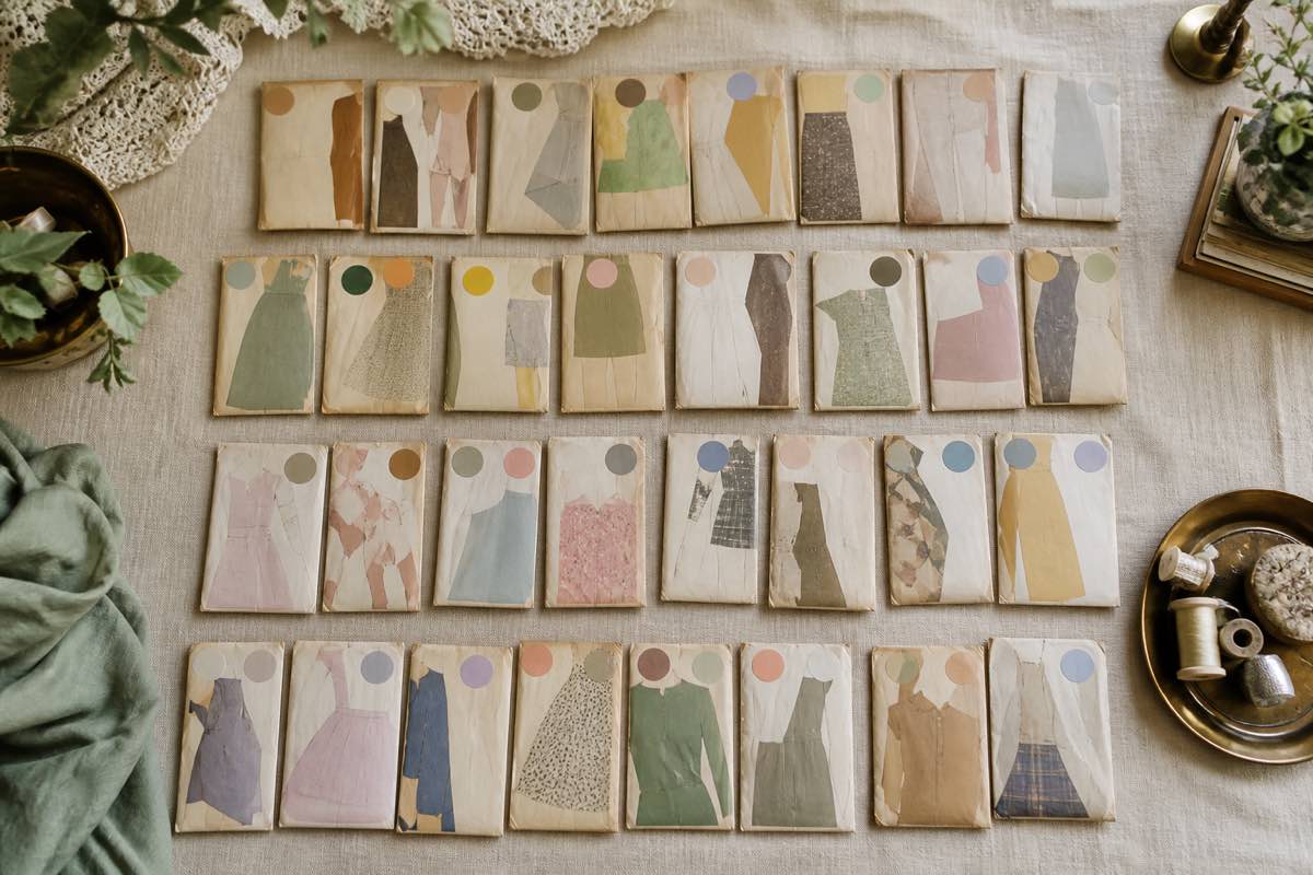 Vintage sewing pattern collection sorted by decade with condition notes