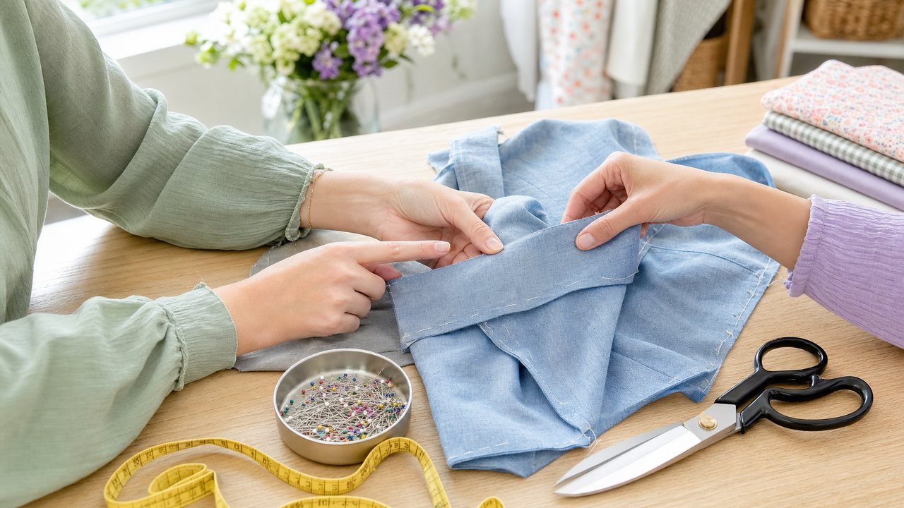 Two pairs of hands at a large worktable examining the collar of a half-sewn chambray shirt beside pins and a tape measure