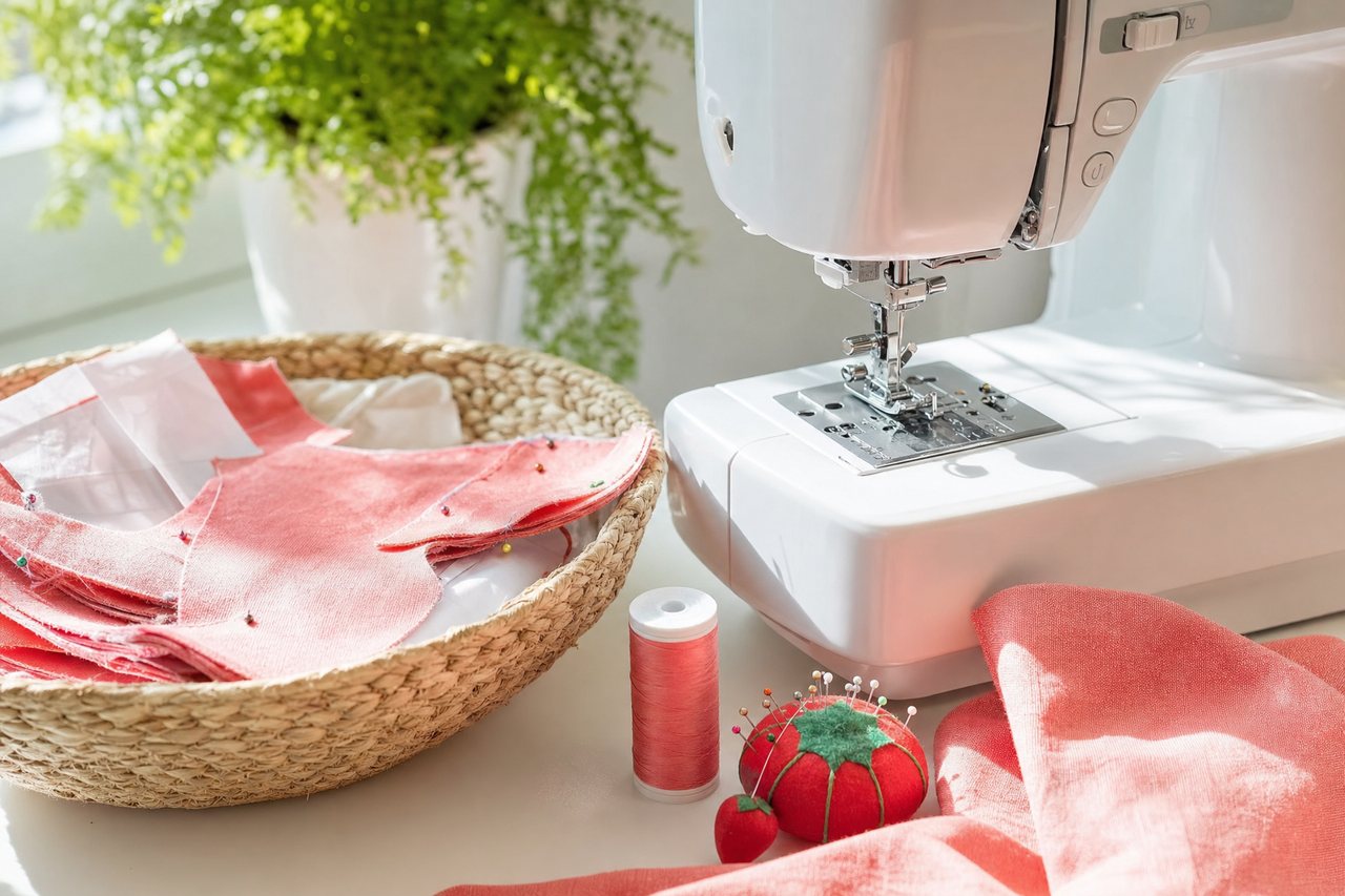 A sewing machine on a sunny table with a basket of cut pattern pieces in coral cotton and a pincushion beside it