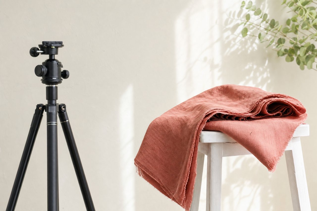 A plain cream wall with soft window light, a tripod and a folded terracotta cotton draped over a stool