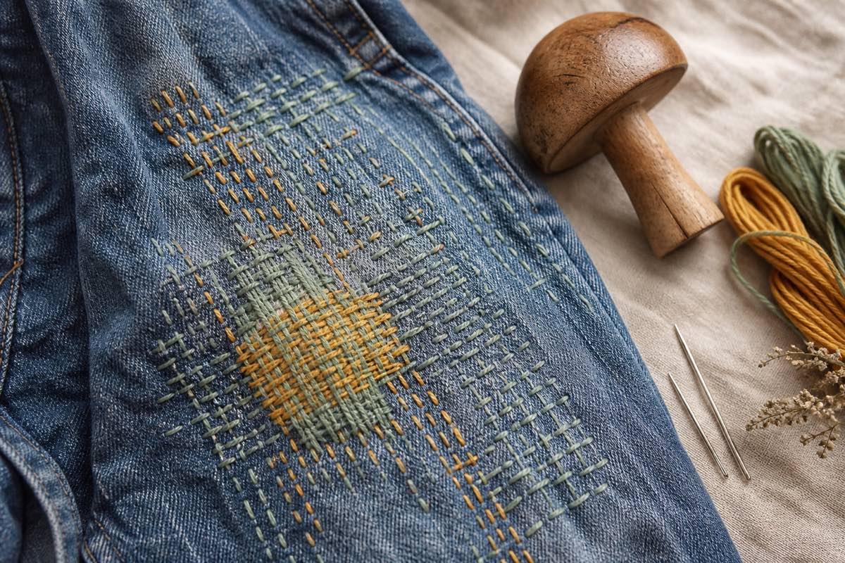 Close-up of denim mended with colorful sashiko running stitches and a woven darn in contrasting thread, with embroidery needles and a wooden darning mushroom