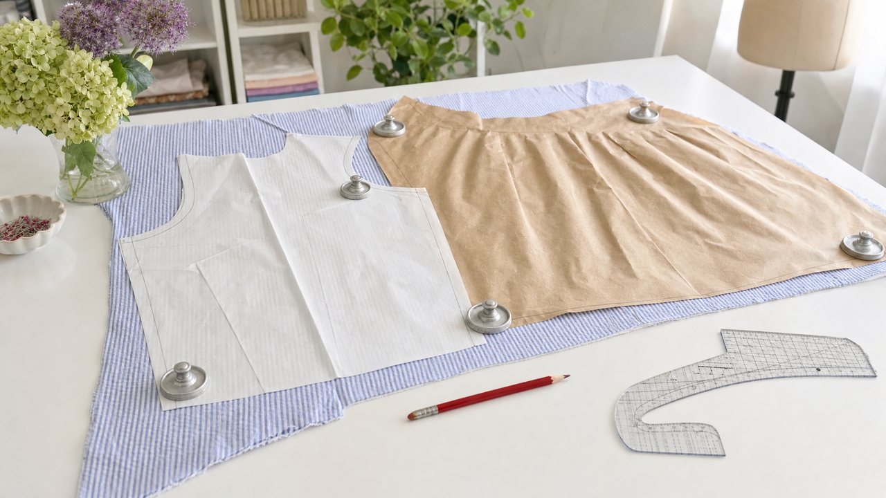 Pattern pieces from two patterns, a bodice and a gathered skirt, overlapped on striped seersucker on a cutting table