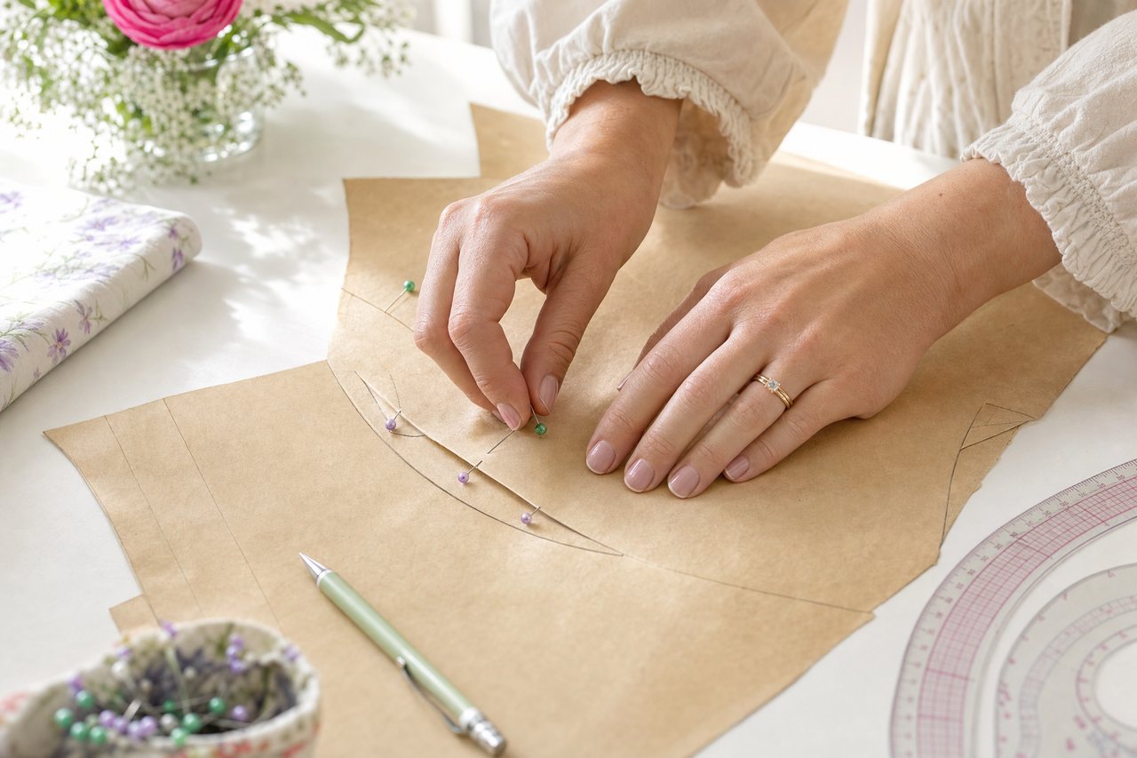 A tissue sleeve pattern piece pinned to the armhole of a different bodice piece, with a pencil and ruler on brown kraft paper