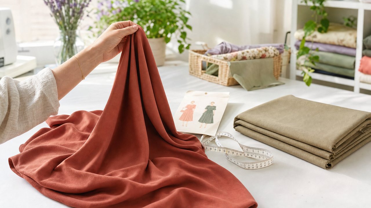 A length of rust rayon challis draped over a hand beside a stiffer folded cotton twill, showing the contrast in drape