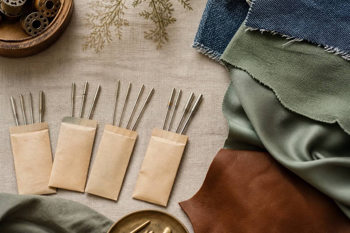 Assorted sewing machine needles in labeled packets fanned out beside swatches of denim, jersey knit, silk, and leather on a work table