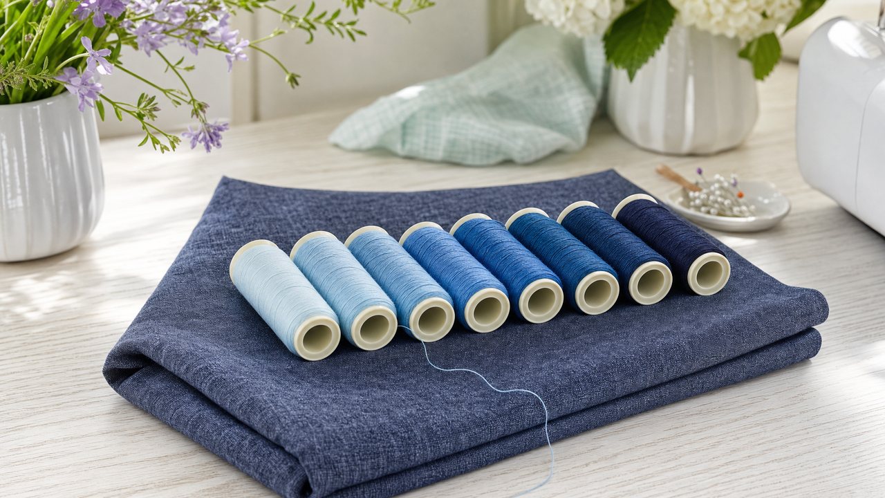 A row of thread spools in graded blues laid across navy chambray, with one spool unwound slightly against the fabric