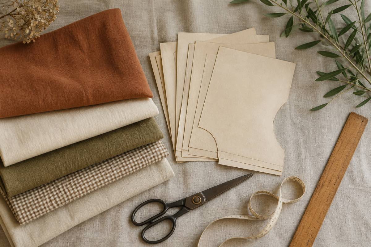 Folded stack of warm-toned linen and cotton fabrics with sewing pattern envelopes fanned out beside scissors, tape measure, and a wooden ruler