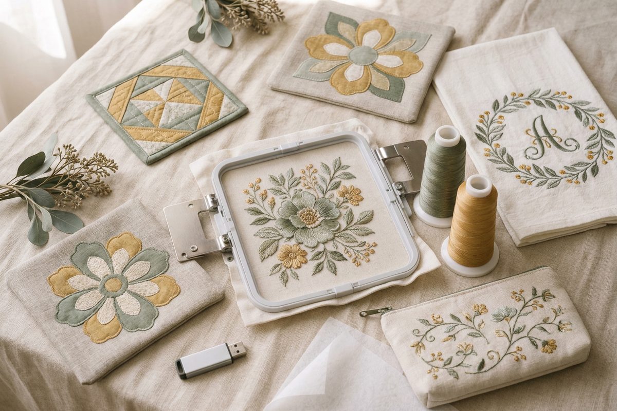 Flat lay of finished free machine embroidery projects in sage and gold: a quilted coaster, applique block, monogrammed tea towel and zip pouch beside a hoop and USB drive
