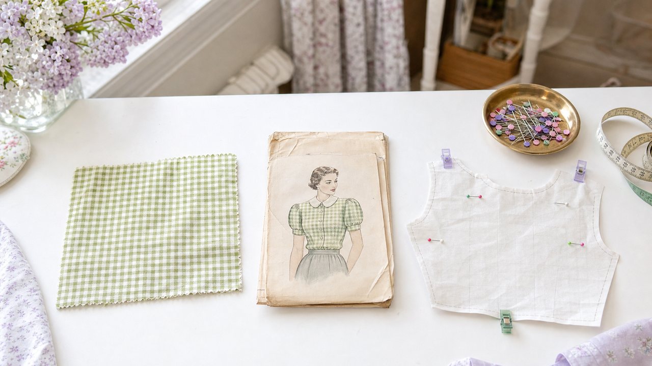 A green gingham swatch, a vintage pattern envelope and a clipped paper bodice piece side by side on a white cutting table