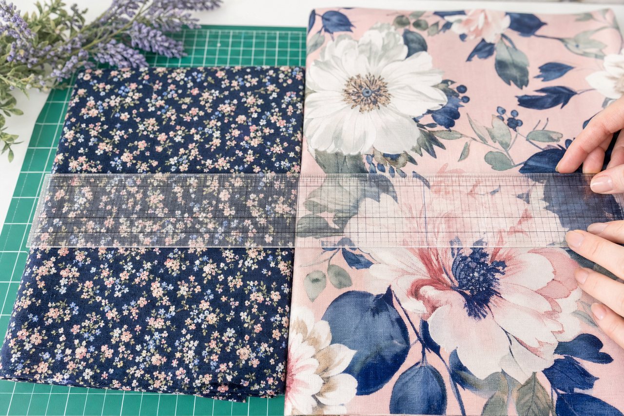 Two fabric swatches compared on a cutting mat: a small-scale ditsy floral and a large-scale floral, with a ruler across both
