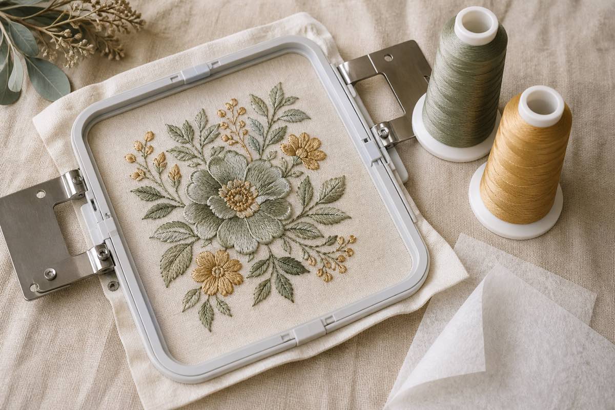 A machine embroidery hoop holding a stitched floral design, with cones of embroidery thread and stabilizer