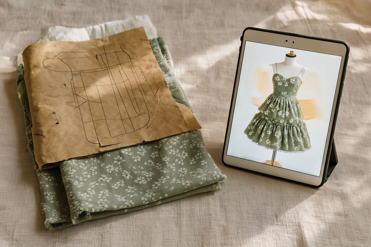 A pattern piece and sage floral fabric beside a tablet previewing the finished tiered dress in that fabric
